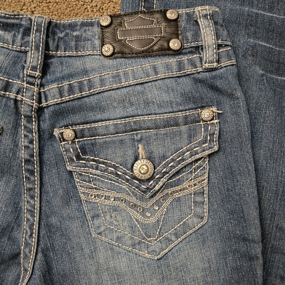 Harley Davidson Womens 6P Blue Embellished Bootcut Jeans Thick Stitch Bling - Picture 7 of 13